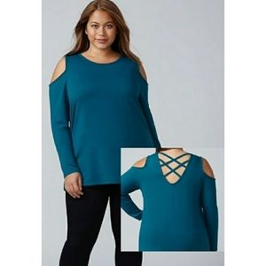 Lane Bryant:Dark teal cold shoulder top criss cross back plus size 18/20